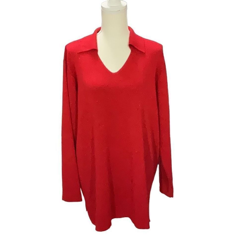 Elisabeth by Liz Claiborne Red Metallic Collared Holiday Sweater Plus Size 2X
